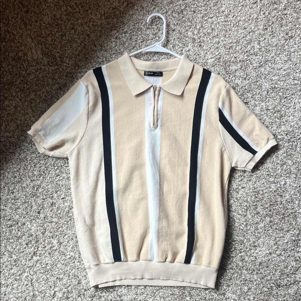 SHEIN Beige and Black Striped Polo Shirt